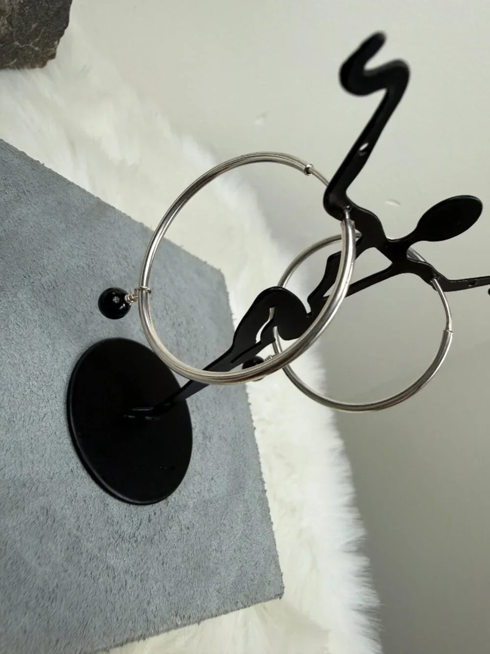 Sterling Silver Hoop Earrings w/ Black Onyx Dangle Bead 1.75